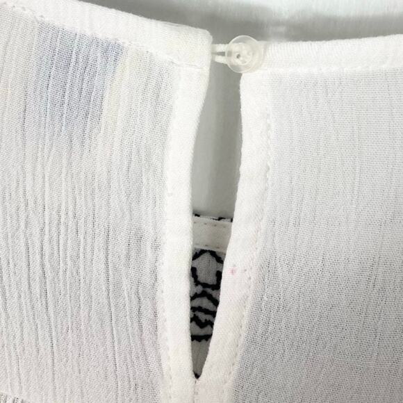 nwot BLUE RAIN Top S White Crinkle Navy-Embroidery Crochet Balloon-Long-Slv - Picture 7 of 11